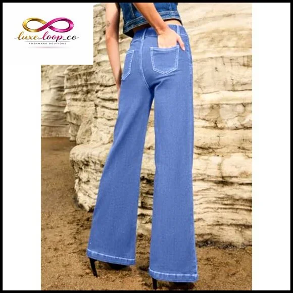 Wide Leg High Waisted Stretch Denim Jeans Casual Baggy Fit Pants